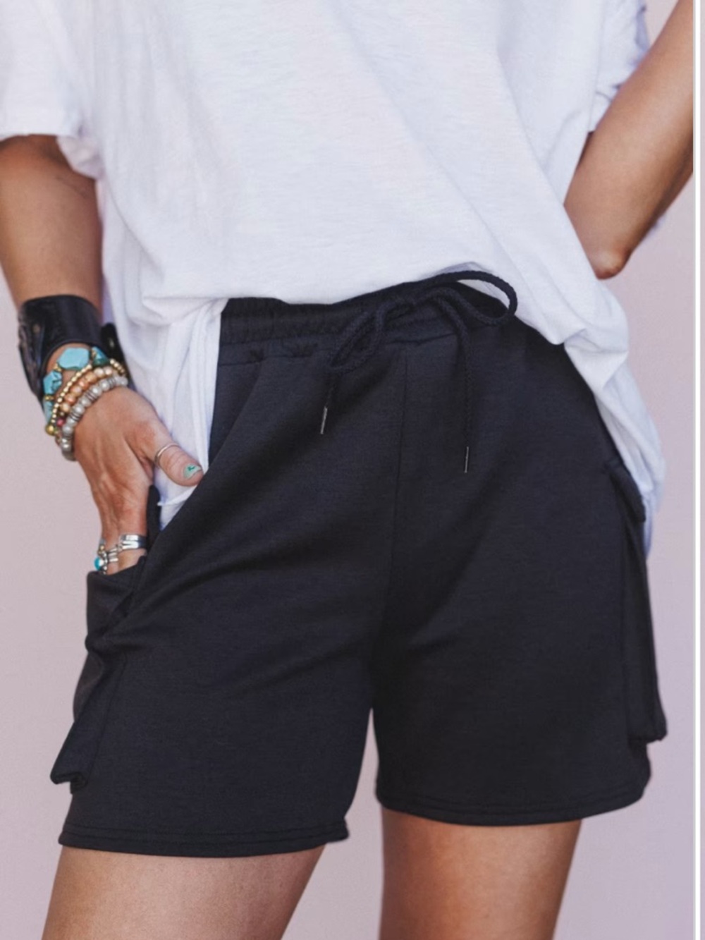 Three Bird Nest Black Drawstring Cargo Bermuda Shorts